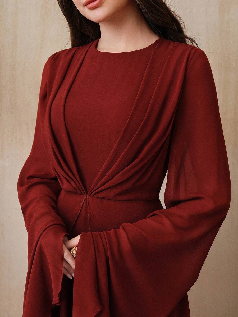 Graceveil Women's Elegant Burgundy Long Sleeve Dress,Autumn Modest Dining Twist Front Pleated Round Neck Fitted Solid Color Maroon Dark Red Dress - Brown - View 1