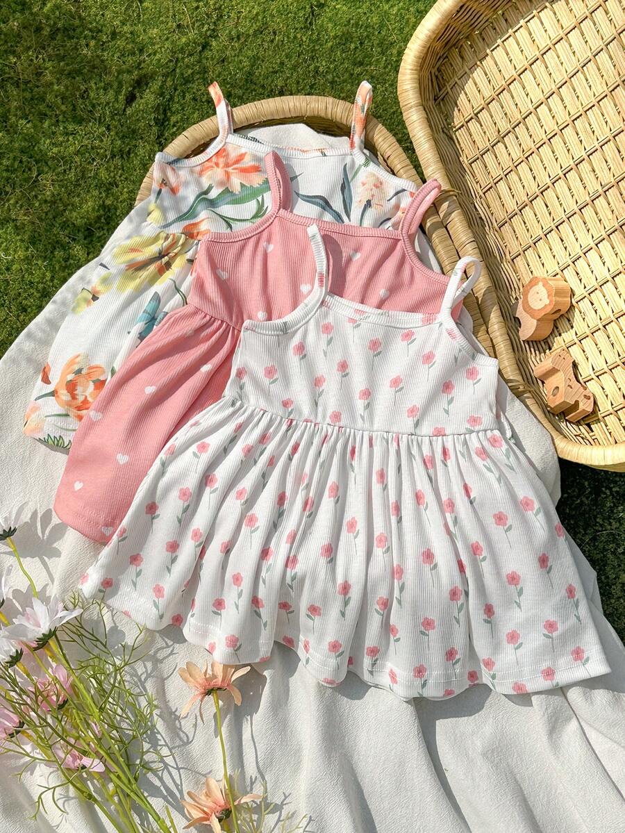 SHEIN Vintaside Kids 新生女宝宝夏季白色橙色碎花吊带连衣裙三件套，舒适可爱，居家礼物 - 彩色 - 查看 1