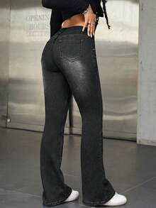 SHEIN ICON Celana Jeans Slim Fit Flare Berpinggang Rendah Gaya Retro Washed yang Modis - Dark Grey - View 5