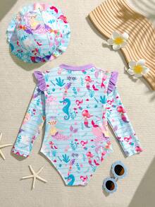 Baby Girls Mermaid Ruffled One-Piece Swimsuit With Hat, Knitted Fabric, Cute Casual Beachwear, Suitable For Swimming, Summer Vacation, Beach, Pool, Holiday Party - Multicolor - View 2