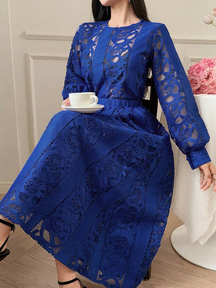 Delicate Lace Hollow Out Stand Collar Lantern Sleeve Shirt + High Waist Slimming Long Skirt 2 Piece Set For Women