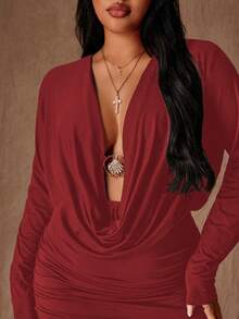 Rustia Sexy Plunging Neck Long Sleeve Stretchy Bodycon Plus Size Dress - Burgundy - View 7