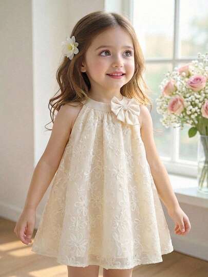 SHEIN 女婴可爱优雅杏色碎花宽松无袖连衣裙