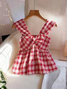 SHEIN Franclia Áo kiểu nữ thanh lịch, thời trang dễ thương, đa năng, phù hợp cho hẹn hò, áo tank top không tay thắt nút xoắn màu đỏ thêu hoa, ôm eo, giúp tôn dáng. - Nhiều màu - Xem 8