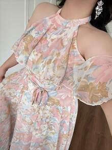 Vibekara Spring, Summer, Vacation, Elegant, Romantic Chiffon Floral Print Halter Tie Shoulder Ruffle Decor Maxi Dress, Flowing Flowy Formal Gown For Party - Multicolor - View 3