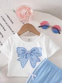 SHEIN Conjunto de camiseta de manga corta con estampado de lazo y pantalones acampanados de cintura elástica, estilo lindo y veraniego para bebé niña - Azul - Ver 8