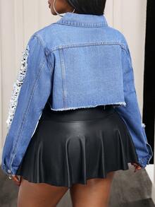 Slaydiva Plus Size Women Cowgirl Blue Denim Ripped Sexy Short Jacket, Spring - Medium Wash - View 2