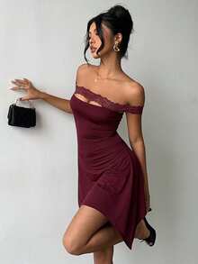 Aloruh Women's Elegant Off Shoulder Lace Patchwork Burgundy Mini Dress,Summer 70's Club Night Party Disco Asymmetrical Hem Night Out Honeymoon Outfit - Burgundy - View 13