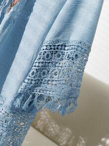 CosyJoli Plus Size Floral Embroidered Tassel Decor Elegant Tie-Front Blouse Fall - Baby Blue - View 4