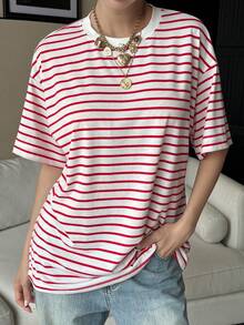 Livesso 红白条纹拼接圆领基础款T恤，适合音乐节、情人节、婚礼、休闲、街头、户外、度假等场合，短袖女式T恤，春夏款 - 白色 - 查看 4