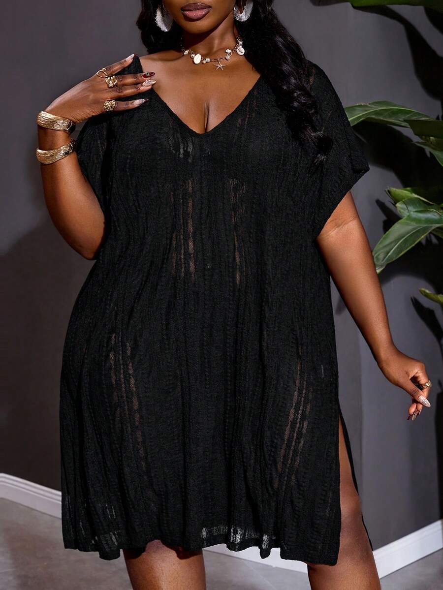 SHEIN CURVE+ Đầm dự tiệc âm nhạc, đi nghỉ mát bên bờ biển, phong cách bohemian dành cho nữ, kiểu dáng rộng rãi, cổ chữ V xẻ tà, chất liệu ren xuyên thấu. - màu đen - Xem 1