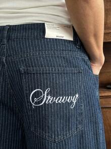 SWAVVY 条纹直筒宽松休闲牛仔裤，带腰带环，细条纹男士藏蓝色细条纹裤 - 藍色 - 查看 2