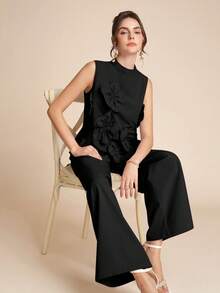 Amorya Women's New Fashionable Elegant Romantic 3D Floral Top & Wide Leg Pants 2 Pieces Set Ruffle Pants Black Tops Elegant Structured Top Black Wide Leg Pants Women - Black - View 5