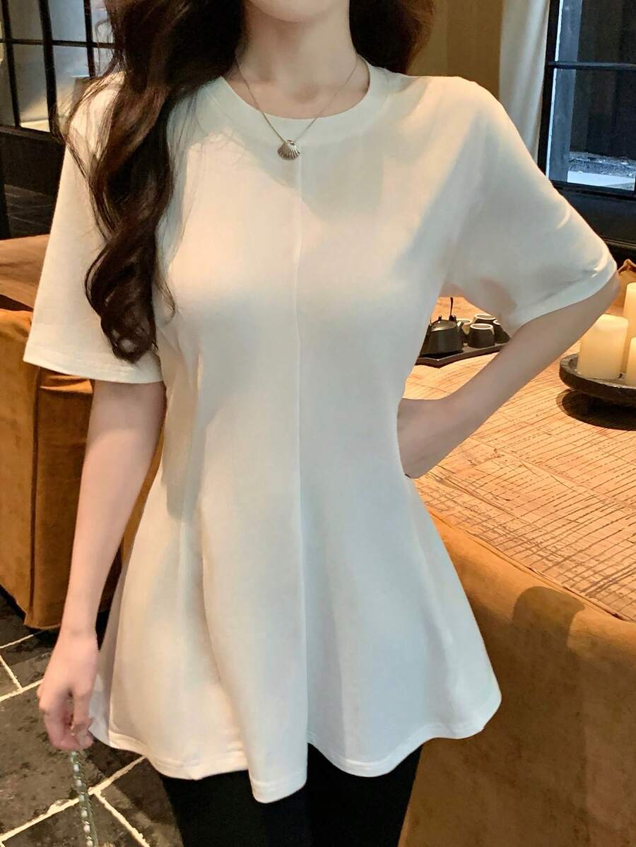 DAZY 女士圆领收腰A字下摆短袖休闲T恤，夏季 - 白色 - 查看 1