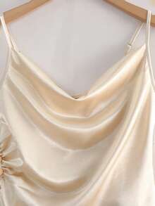 Franclia Conjunto de 2 piezas para mujer, elegante y versátil, con camiseta de cuello drapeado y pantalones de pierna ancha, con brillo satinado, para /verano, atuendo de oficina, moda - Albaricoque - Ver 4