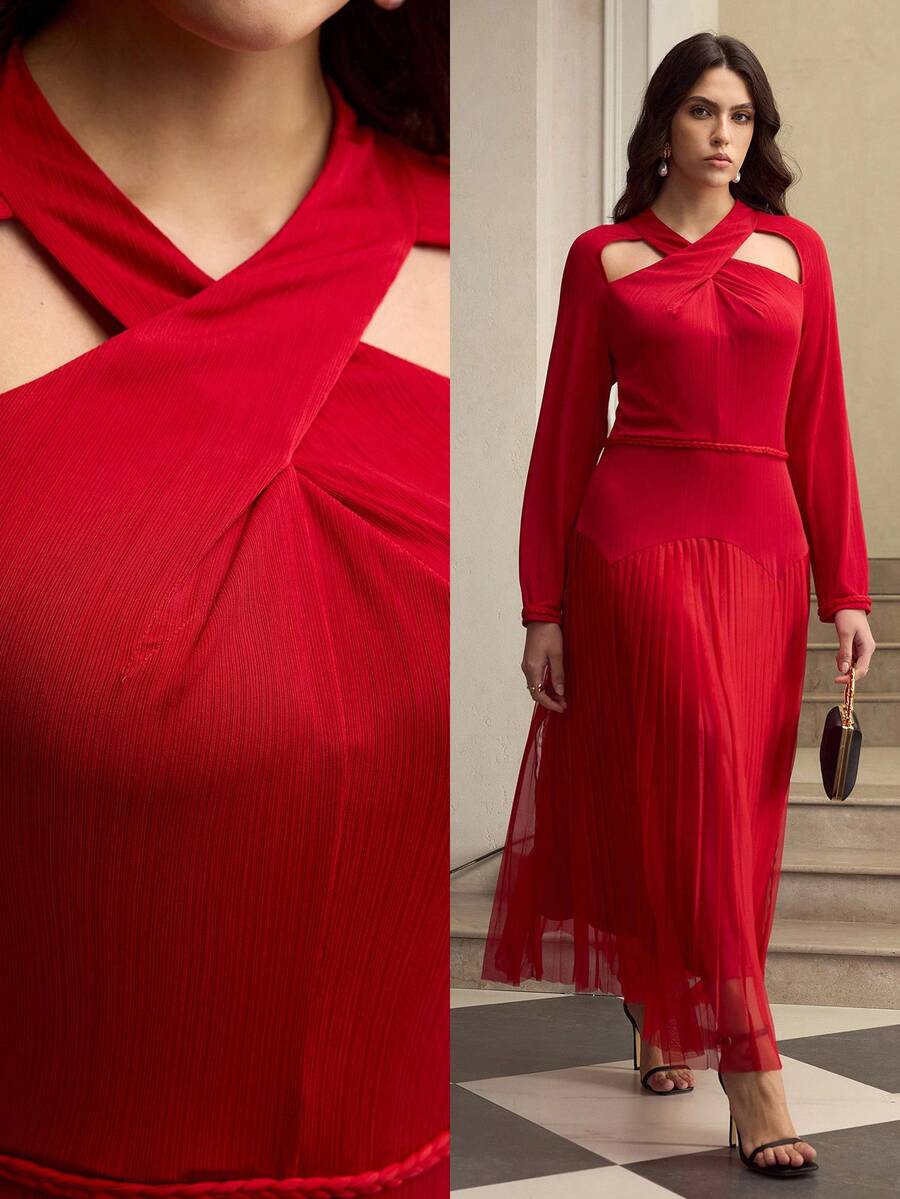 ZEYLAH Cut-Out Long Sleeve Mesh Patchwork Pleated Dress - Red - View 1