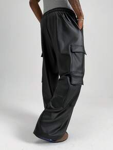 PAVTROS Men's Black PU Leather Pants,Loose Straight Leg & Baggy Wide Trousers,Autumn Streetwear Work Style,Oversized Vintage Y2k Pants For Party, - Black - View 2