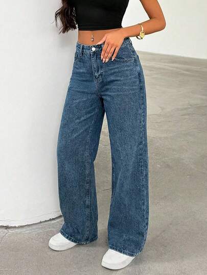 SHEIN Cottnline Pantalon en jean ample à taille haute avec poches, style décontracté polyvalent pour femmes