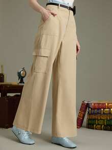 SHEIN ChicEase Pantalones cargo casuales y holgados para mujer, adecuados para el uso diario - Caqui - Ver 1