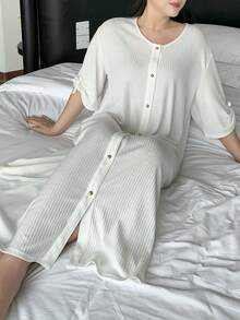 Dazy Plus 大码女式纯色圆领短袖单排扣休闲睡裙 夏季 - 白色 - 查看 4