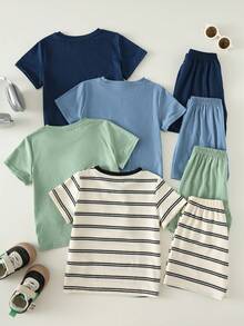 8pcs/Set Pakaian Seragam Keluarga untuk Anak Laki-Laki Musim Panas, Kaos Lengan Pendek Motif Beruang Timbul Warna Polos Kasual Lucu & Celana Pendek Pinggang Elastis - MultiWarna - View 2