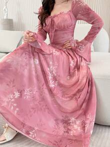 Modelyn 女士优雅印花甜心领喇叭袖长连衣裙，秋季 - 彩色 - 查看 3