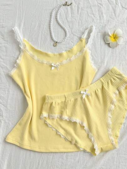 Sweetra Women's Yellow Lace Trim Bow Decor Casual College Style Sweet Sexy Comfortable Adjusting Suitable For Vacation Beach Lace Square Neck Camisole And Sexy Triangle Shorts Set, Spring/Summer