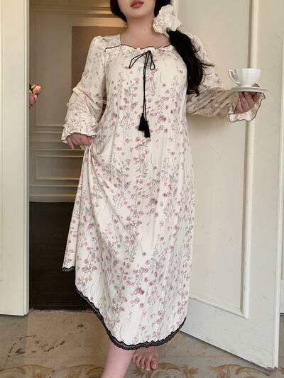 Dazy Plus Plus Size Floral Print Tassel Trim Casual Long Sleeve Nightgown
