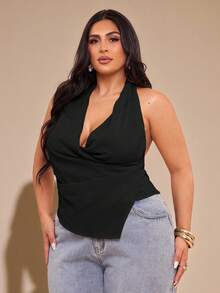 SHEIN BAE Blusa asimétrica con cuello halter y drapeado en talla grande para mujer - Negro - Ver 9