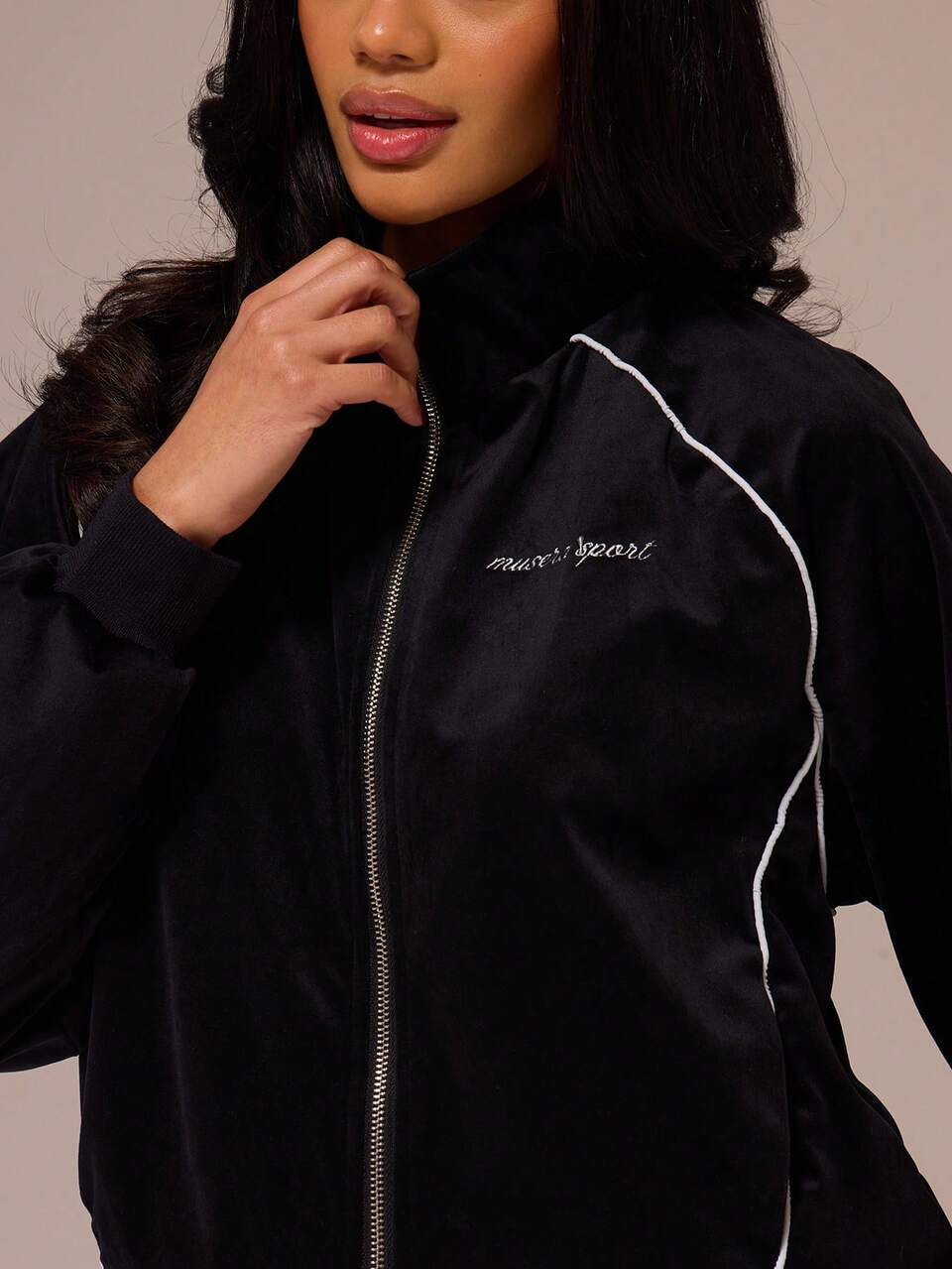 Active High Neck Velour Contrast Panel Tracksuit Top Only Autumn Fall Wear Gym Workout