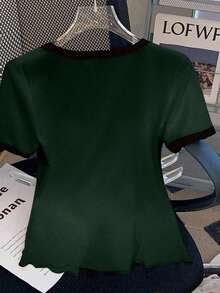 GlowEve CURVE Plus Size Women Metal Button & Sequin Bow Decor Fitted Short Sleeve T-Shirt, Round Neck, Suitable For Summer Vacation - Green - View 2