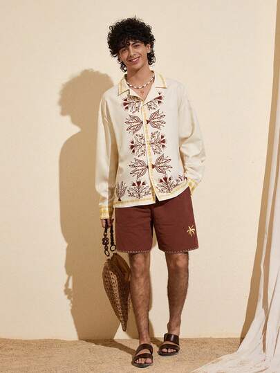 Felipe Marques Camisa de manga larga de corte holgado con estampado floral para hombre, informal para vacaciones, fiestas, resorts de isla, otoño/invierno/primavera