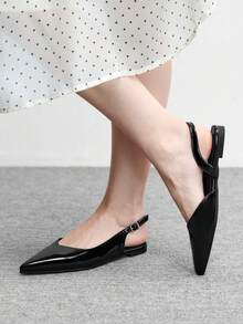 CUCCOO BIZCHIC 女士平底鞋，轻盈法式漆皮尖头高跟凉鞋，金属搭扣绑带凉鞋，适合日常约会、通勤等场合，低鞋面设计 - 黑色 - 查看 1