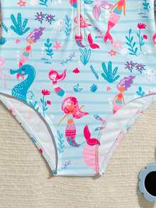 Baby Girls Mermaid Ruffled One-Piece Swimsuit With Hat, Knitted Fabric, Cute Casual Beachwear, Suitable For Swimming, Summer Vacation, Beach, Pool, Holiday Party - Multicolor - View 6