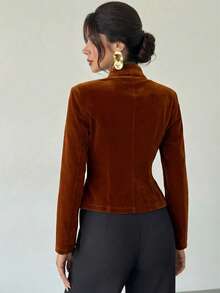 Firerie Elegant Coffee Brown Polyester Top With Unique Square Neck And Long Regular Sleeves Featuring Button Details - Coffee Brown - View 2