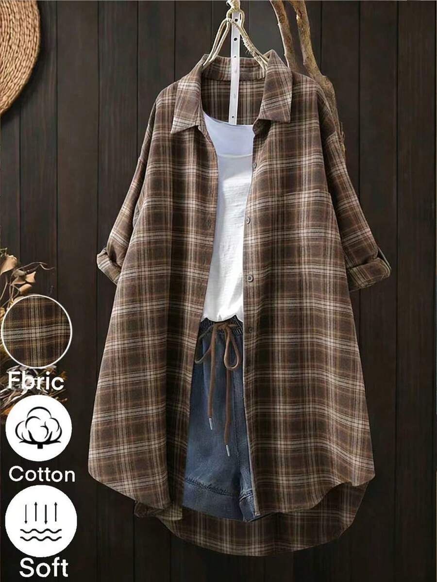 Linhara Plus Size Women's Elegant Plaid Shacket, Versatile & Stylish, Suitable For Spring & Autumn - Multicolor - View 1