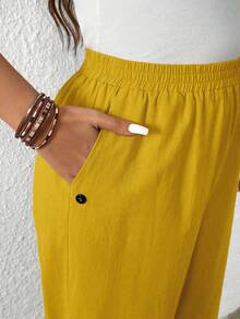 EMERY ROSE Plus Size Women Casual Mustard Yellow Linen Pants,Summer Boho Vacation Holiday Solid Color Elastic Waist Loose Wide Leg Trousers With Side Pockets - Yellow - View 6