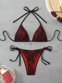 ROMWE 2026SS New Women's Red Floral Summer Goth Beach Party Swimwear Set,Elegant Vintage Black Lace & Red Gothic Bikini With Cross Charm,Bathing Suit - Multicolor - View 7