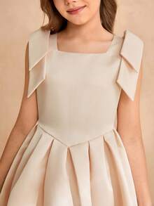 Girls' Apricot Color Asymmetric Hem Dress With Bow Decor, Midi Length Children's Formal Wear Teen Girl Elegant Dress Beige Cocktail Dress For Tween Ivory Tween Dress Elegant Dress For Tweens Tween Champagne Easter Dress Elegant Spring Tween Dress Cream Dress For Girls Beige Formal Dress For Girl - Apricot - View 8