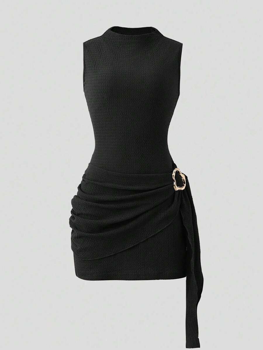 Olithes 时尚新款春夏约会之夜性感优雅修身高领金属扣褶皱无袖女式连衣裙 - 黑色 - 查看 1