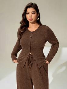 Auralis Plus-Size Women's Autumn/Winter Fashionable Casual High-Elasticity Comfortable Everyday Button-Down Long-Sleeved Cardigan And Wide-Leg Pants In Dark Gray Two Pieces Set,Fall Clothes,Airport Outfits,Simple Style,Pants Set - Brown - View 5