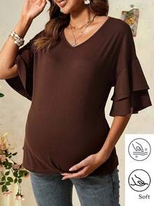 SHEIN Women's Brown Maternity Summer Casual T-Shirt,Bohemian V-Neck Short-Sleeved Ruffled Loose Tops,Babyshower Coffee Brown Shirt Wear - Coffee Brown - View 1