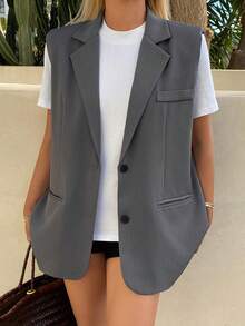 DAZY 女士宽松纯色翻领无袖系带休闲轻薄春夏西装外套 - 灰色 - 查看 4