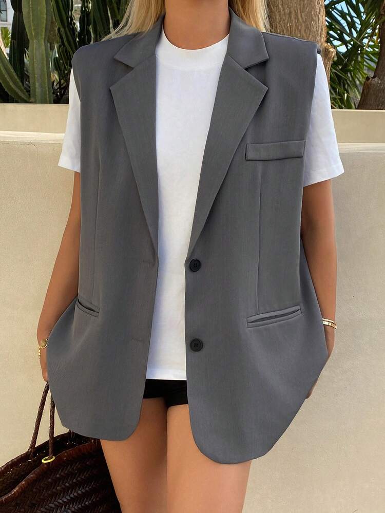 DAZY Blazer informal de mujer de unicolor, holgado, con solapa, sin mangas, con cinturón, ligero para primavera/verano - Gris - Añade 4