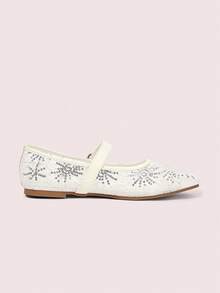 CUCCOO DOLLMOD Women's Shoes Mesh Embroidery Decorative Flat Bottom Mary Jane - White - View 9