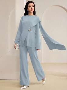 Veilorie Women's Elegant Elegant Casual Office Commute Solid Color 2 In 1 Loose Long Sleeve Shirt, Spring/Autumn - Blue - View 5