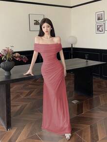 Modelyn Women's Off Shoulder Ruched Waist Elegant Wedding/Occasion Dress - Coral Pink - View 5