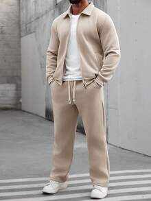 Manfinity Homme Men's Solid Color Minimalist Casual Long Sleeve Jacket And Pants Set - Khaki - View 1