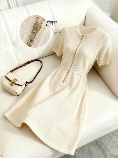 Franclia Women's Elegant Round Neck Short Sleeve Zipper Front Waist Cinched A-Line Dress, Suitable For Work, Spring/Summer