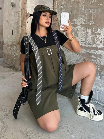 Sunspun 加大码腰带装饰吊带口袋休闲街头时尚度假派对连体裤，短款，军绿色女款